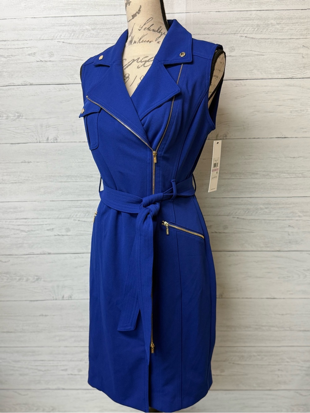NWT Calvin Klein Sleeveless Belted Moto Sheath Dress in Royal Blue